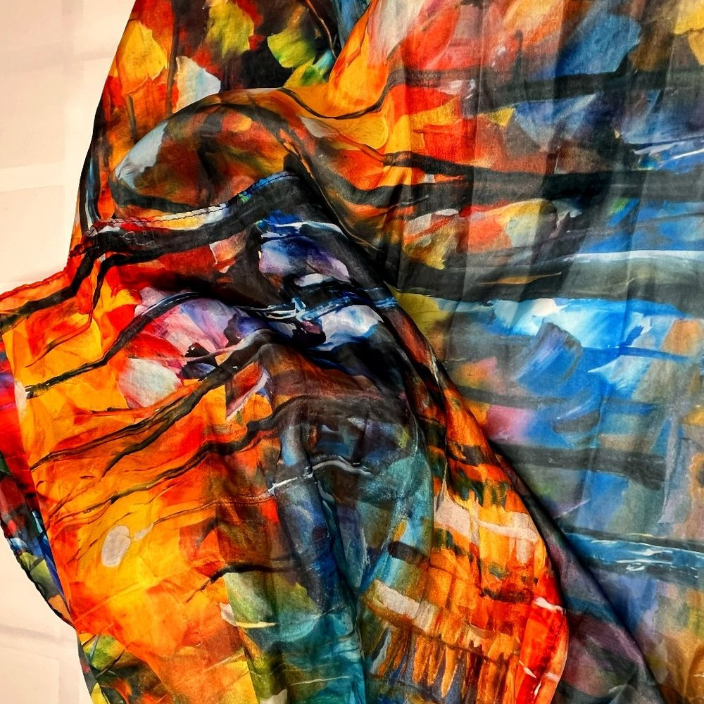 Abstract Art Scarf by Cleo – 2010s – Multicolor Silk Feel – Painterly Pattern